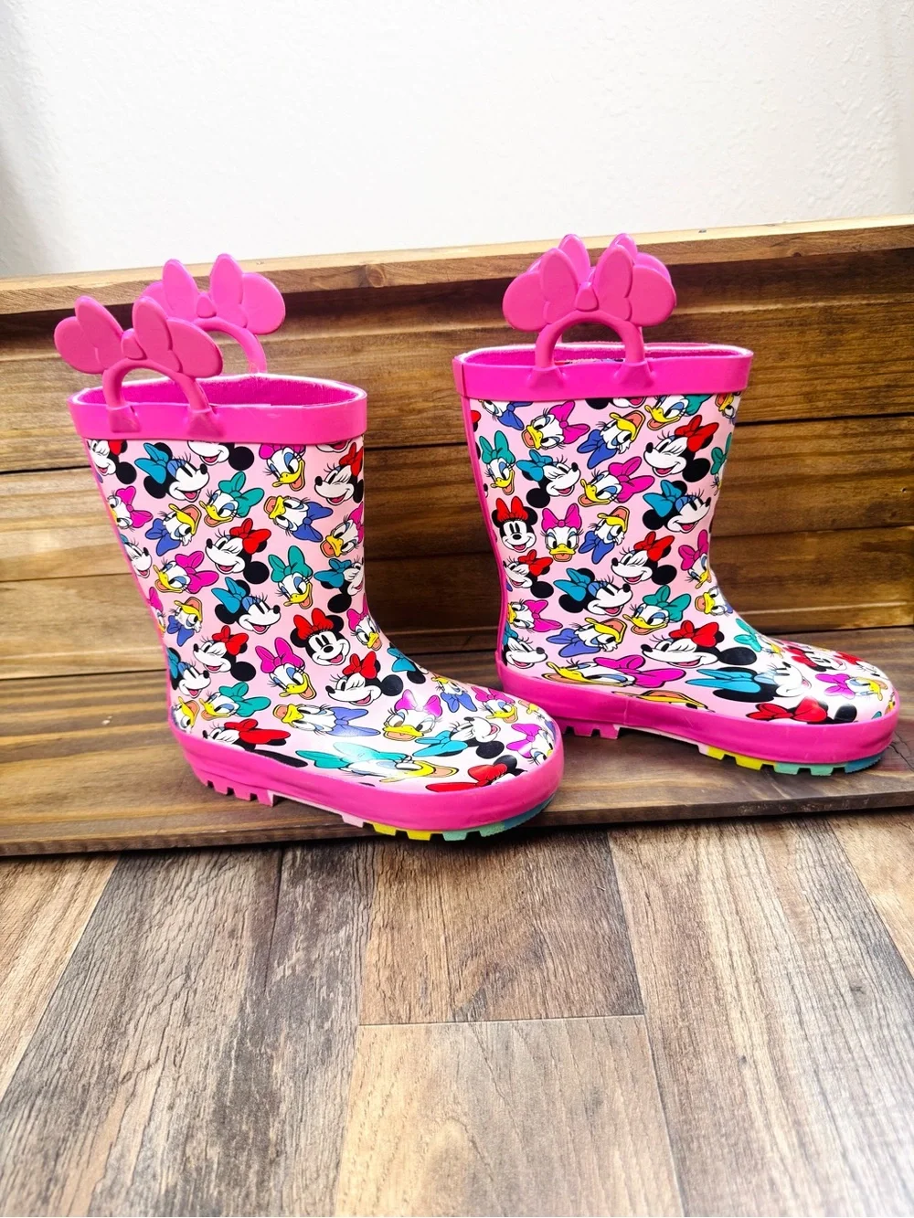 Disney Pink Minnie Mouse Kids Rain Boots with Bow Handle Kids 9-10